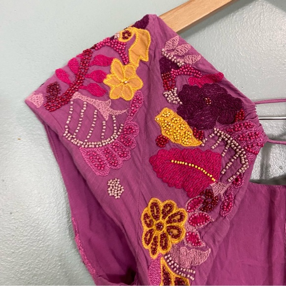 Anthropologie Maeve Embroidered‎ Beaded Floral Purple Mini Dress Cut Out Sz 2 - Picture 11 of 16